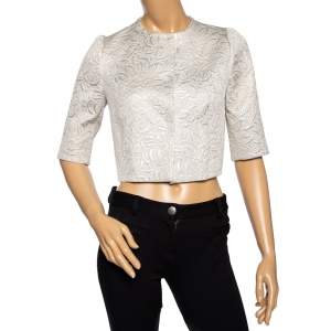 Max Mara Cream Lurex Floral Pattern Jacquard Cropped Jacket S