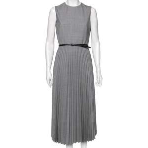 Max Mara Grey Micro Houndstooth Patterned Wool Arielle Belted Dress M