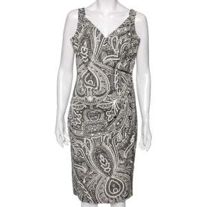 Max Mara Monochrome Paisley Printed Cotton Draped Detail Dress M