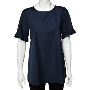 Max Mara Navy Blue Cotton Ruffled Sleeve Top M