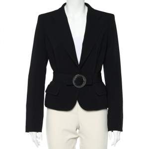 Max Mara Black Striped Crepe Belted Button Front Blazer M