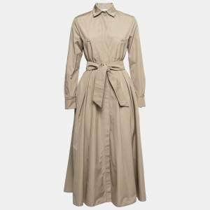 Max Mara  Khaki Brown Cotton Button Front Belted Shirt Dress S