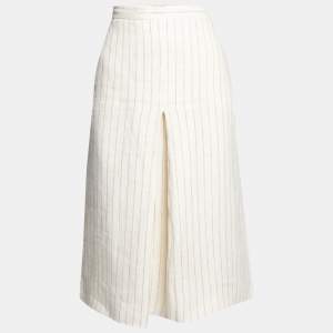 Pre Owned Max Mara Cream Striped Linen Pleat Detail Wide Leg Culottes M