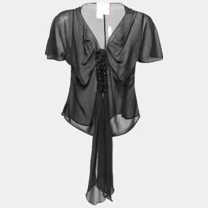 Pre Owned Max Mara Black Sheer Silk Front Tie Detail Blouse S