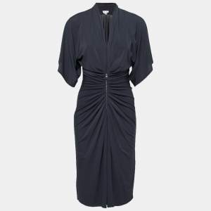 Pre Owned Max Mara Navy Blue Stretch Crepe Pleated and Zip Front Dress M