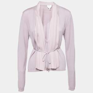 Max Mara Lilac Knit & Silk Paneled Belted Button Front Cardigan L