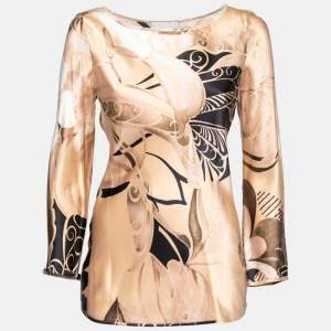 Pre Owned Max Mara Beige Floral Printed Silk Long Sleeve Top M