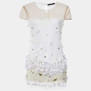 Max Mara White Mesh Crystal and Sequin Embellished Top M