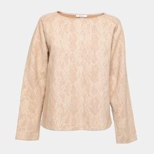 Pre Owned Max Mara Camel Brown Wool Floral Lace Raglan Sleeve Liriche Top L