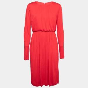 Pre Owned Max Mara Red Plisse Jersey Xiria Long Sleeve Dress L