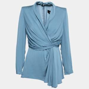 Pre Owned Max Mara Teal Silk Wrap Effect Long Sleeve Blouse L