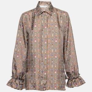 Pre Owned Max Mara Brown Camel Silk Printed Ruched Cuff Blouse M