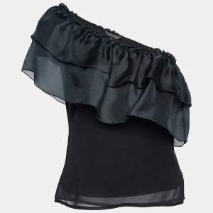 Max Mara Black Crepe Ruffled One Shoulder Top S