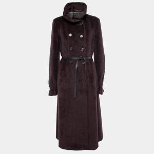 Pre Owned Max Mara Dark Purple Wool Detachable-Collar Belted Coat L   