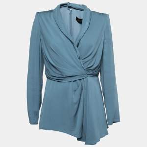 Max Mara Blue Silk Wrap Effect Long Sleeve Blouse M