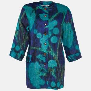 Max Mara Vintage Blue & Green Floral Print Linen Coat M