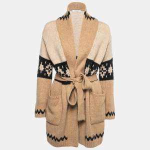 Max Mara Beige Patterned Wool Belted Open-Front Cardigan M