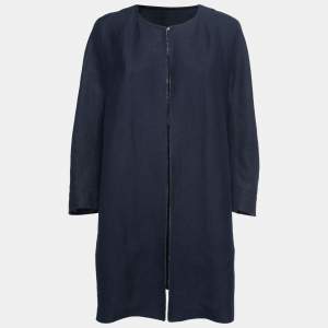 Max Mara Navy Blue Linen Blend Open Long Coat L