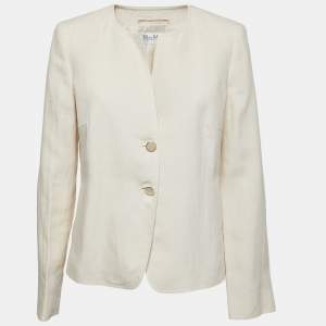 Max Mara Cream Linen Round-Neck Buttoned Blazer L