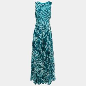 Max Mara Teal Blue Abstract Printed Chiffon Sleeveless Maxi Dress M