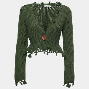 Max Mara Olive Green Wool Crochet Knit Crop Cardigan L