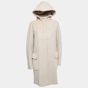 Max Mara Beige Wool and Fur Zip Front Hooded Coat