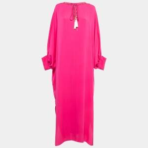 Max Mara Pink Silk Embellished Neck Ocroma Maxi Kaftan L