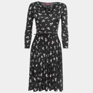 Max Mara Black Floral Print Jersey Cowl Neck Belted Flared Short Dress S