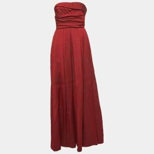 Pre Owned Max Mara Red Brocade Draped Strapless Gown XS