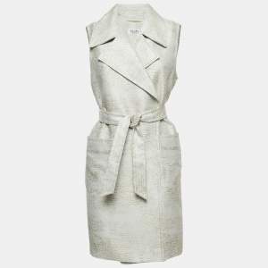 Max Mara White Jacquard Sleeveless Belted Coat M