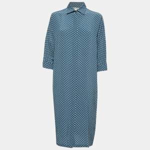 Max Mara Blue Polka Dotted Silk Button Front Midi Shirt Dress S