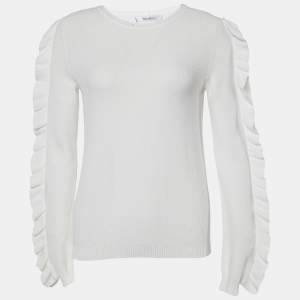 Max Mara White Ruffled Cotton Knit Sweater S