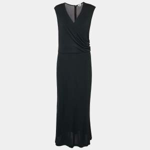 Max Mara Black Jersey Knit Faux Wrap Sleeveless Maxi Dress M