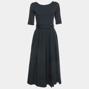 Max Mara Affine Black Crepe and Cotton Pleated Midi Dress S