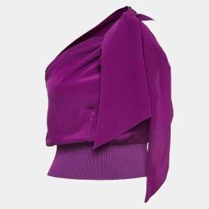 Max Mara Purple Silk and Rib Knit One shoulder Tie-Up Crop Top S