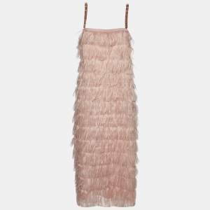 Max Mara Pink Synthetic Feather Tiered Midi Dress M