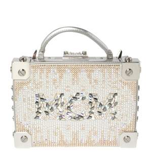 Pre Owned MCM Silver Leather Swarovski Crystal Embellished Berlin Box Bag
