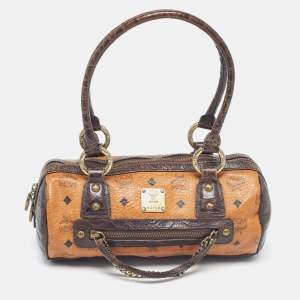 MCM Dark Brown/Cognac Visetos Coated Canvas and Python Embossed Leather Satchel