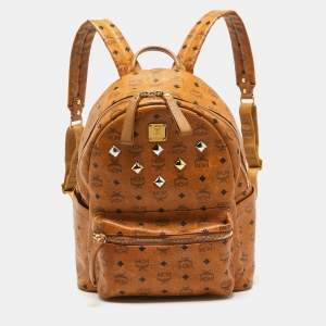 MCM Cognac Visetos Coated Canvas Medium Studded Stark Backpack