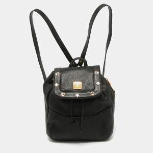 MCM Black Leather Studded Flap Backpack