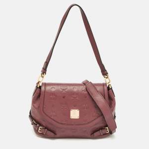 MCM Burgundy Embossed Leather Flap Top Handle Bag 