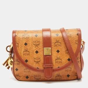 MCM Cognac Visetos Coated Canvas and Leather Messenger Flap Bag