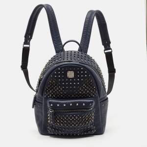 MCM Navy Blue Leather Diamond Studs Stark Backpack