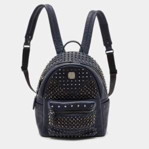 MCM Navy Blue Leather Diamond Studs Stark Backpack