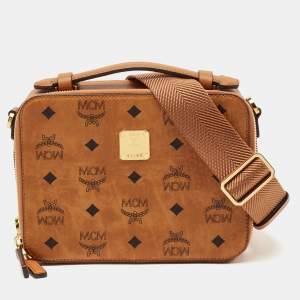 MCM Cognac Visetos Coated Canvas and Leather Double Zip Camera Crossbody Bag