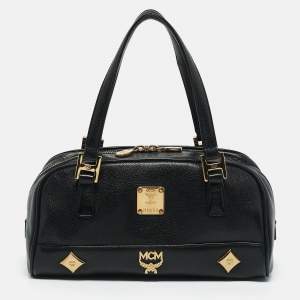 MCM Black Leather Studded Heritage Boston Bag