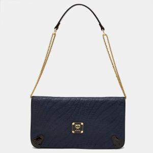 MCM Navy Blue/Brown Coated Raffia and Patent Leather Flap Shoulder Bag