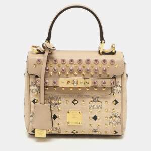 MCM Beige Visetos Coated Canvas and Leather Mini Heritage Top Handle Bag