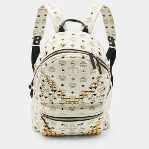 MCM White/Black Visetos Coated Canvas Medium Studded Stark Backpack