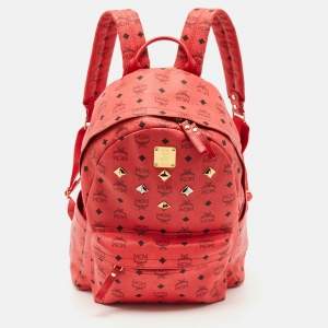 MCM Red Visetos Coated Canvas Large Studded Stark Backpack  